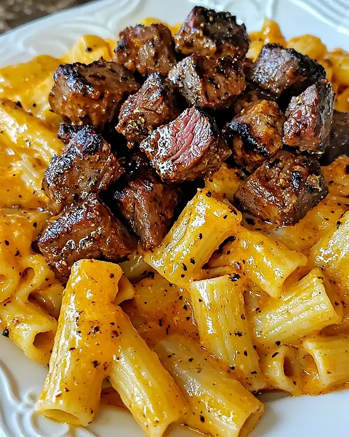 Sweet Cajun steak tips in cheesy rigatoni Parmesan sauce