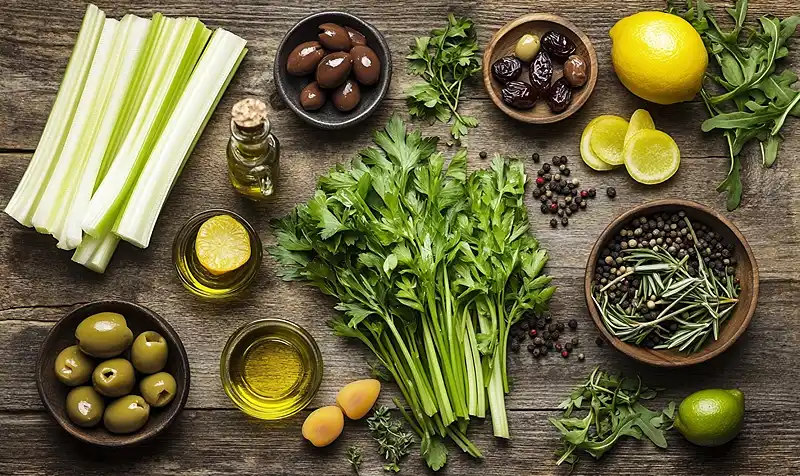 ingredients for Mediterranean Celery Olive Salad