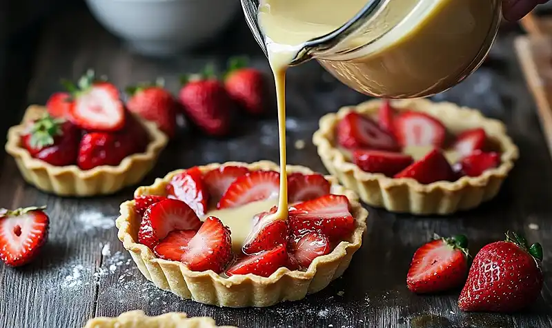 making the Honey Custard Tart with strawberry