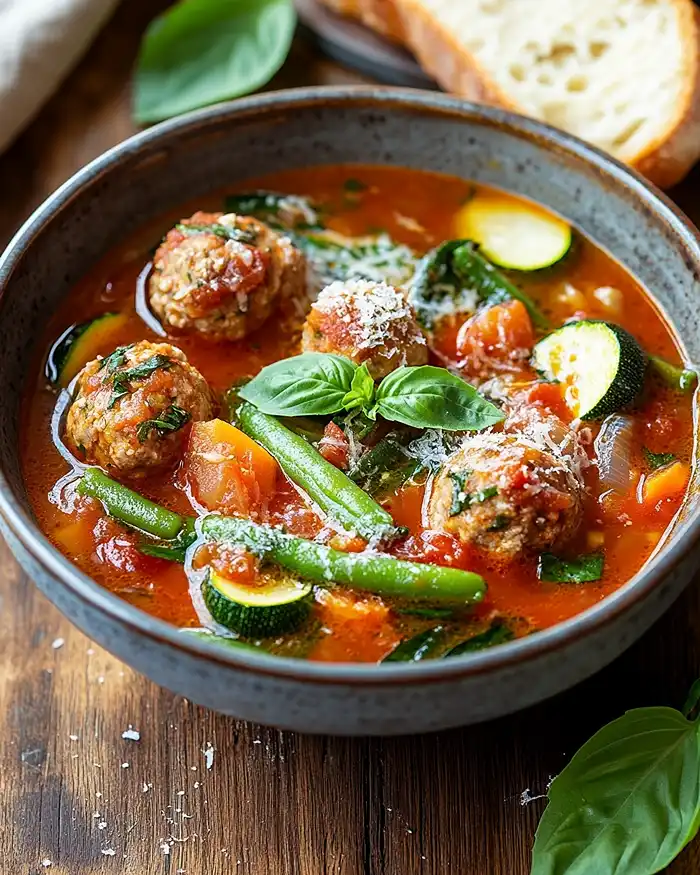 A bowl of summer minestrone soup with turkey meatballs, zucchini, green beans, and tomatoes topped with fresh basil and Parmesan