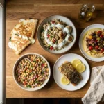 A spread of five Mediterranean diet recipes including quesadillas, a grain bowl, chickpea salad, za'atar salmon, and loaded hummus on a rustic wood surface