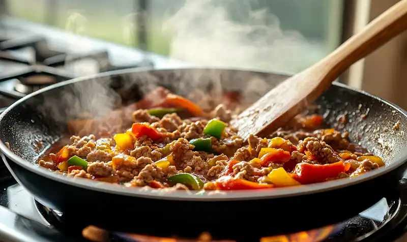Cooking the Ground Turkey and Peppers
