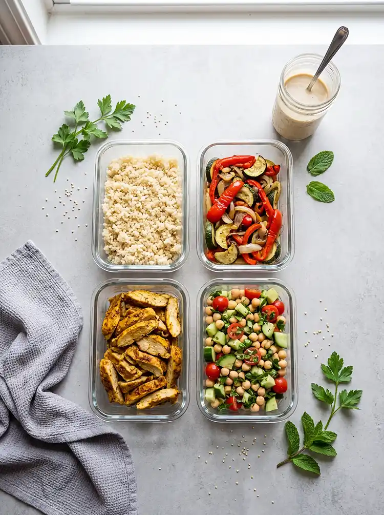 Four glass meal prep containers filled with Mediterranean diet components including grains, roasted vegetables, chicken, and chickpea sala