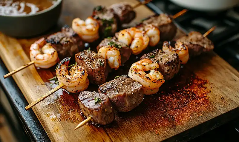 Grilling Steak and Shrimp Skewers