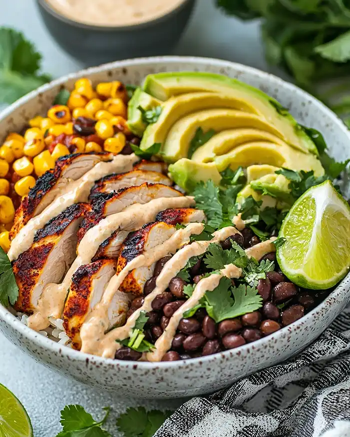 High Protein Chipotle Chicken Bowl with Black Beans and Creamy Sauce