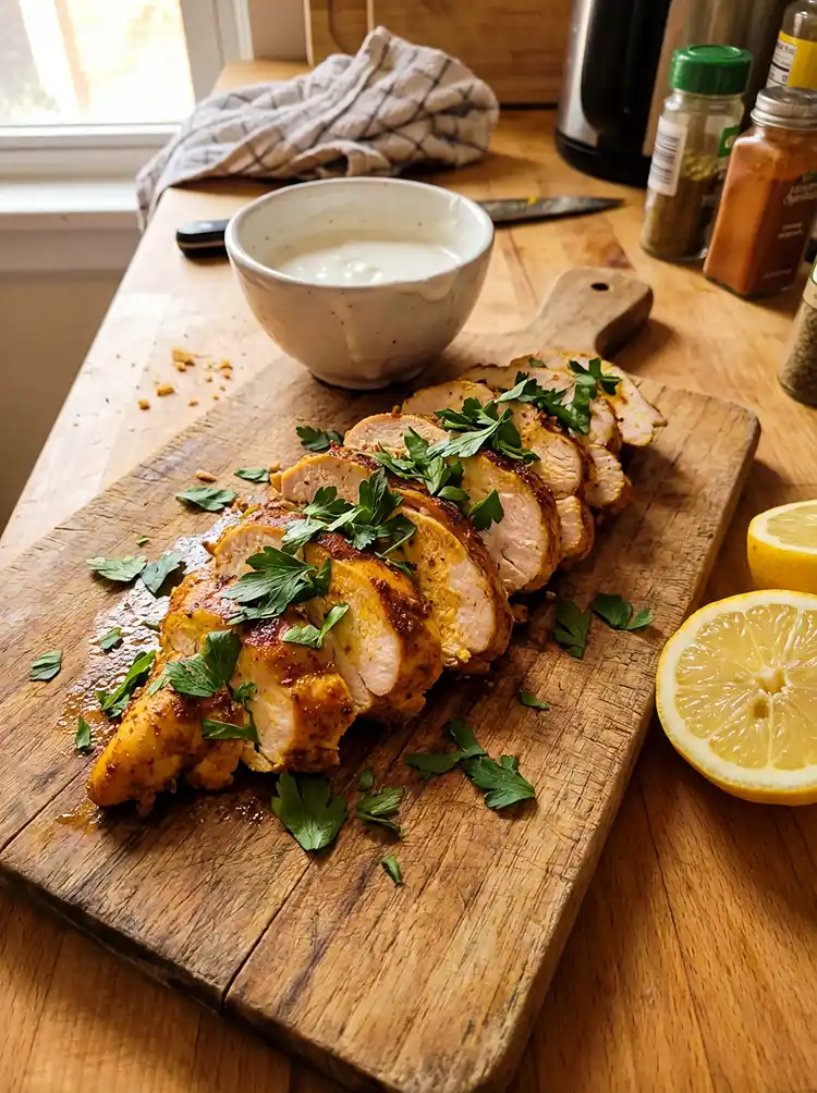 Homemade chicken shawarma slices on a wooden board with garlic sauce and fresh parsley