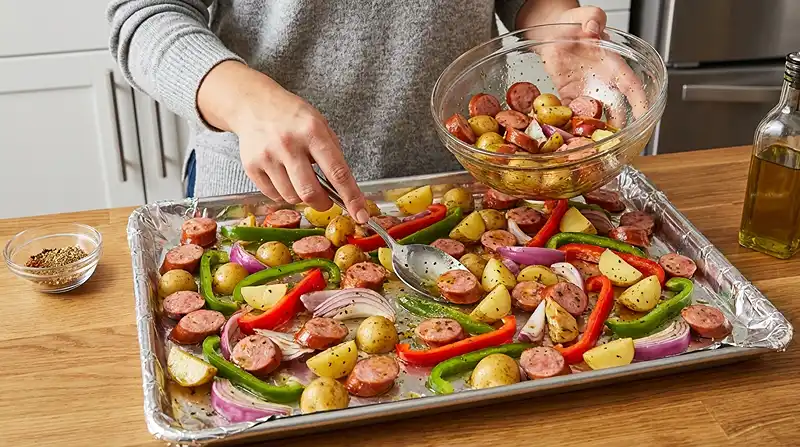 How to Make Sheet Pan Sausage and Peppers with Potatoes