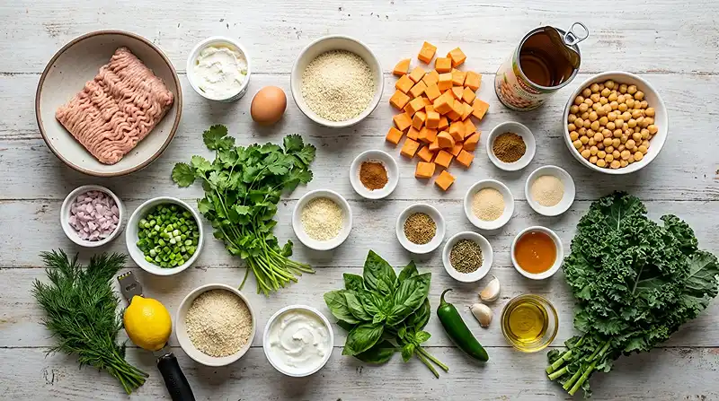 IIngredients for Mediterranean Chicken Meatball Bowls
