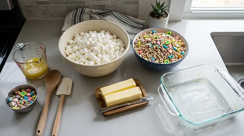 Ingredients for 3-ingredient Lucky Charms Treats