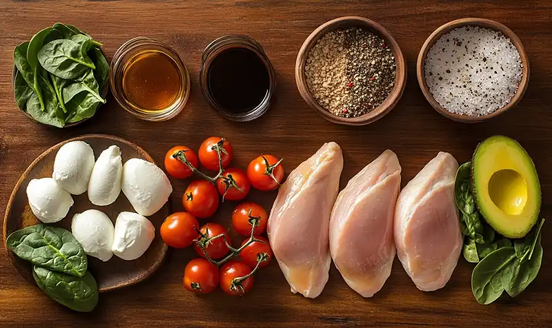 Ingredients for Baked Marinated Chicken Salad with Mozzarella and Balsamic Vinaigrette