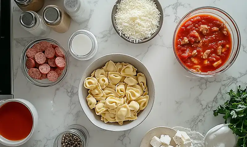 Ingredients for Crockpot Cheese Tortellini and Sausage