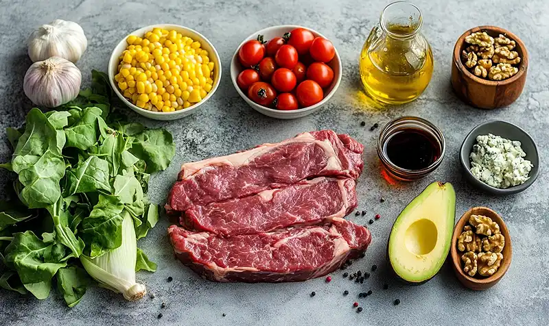 Ingredients for Grilled Balsamic Steak Salad with Creamy Gorgonzola & Sweet Corn