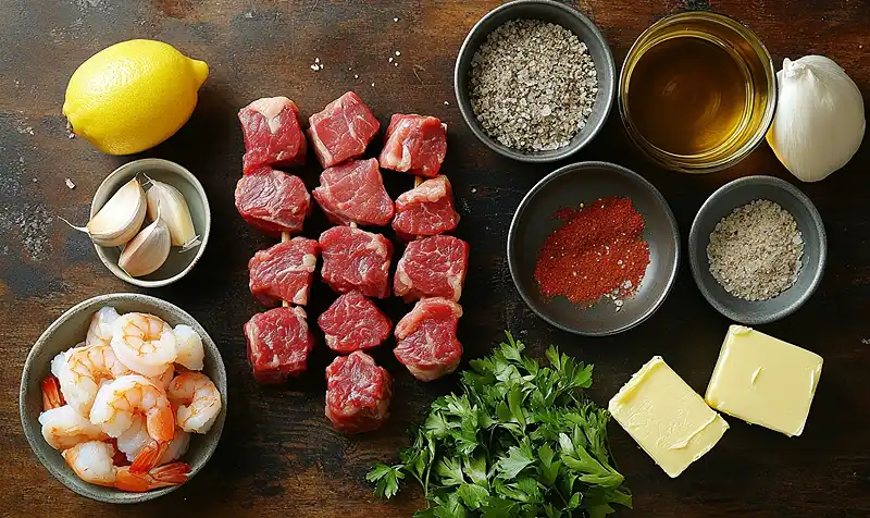 Ingredients for Grilled Steak and Shrimp Skewers
