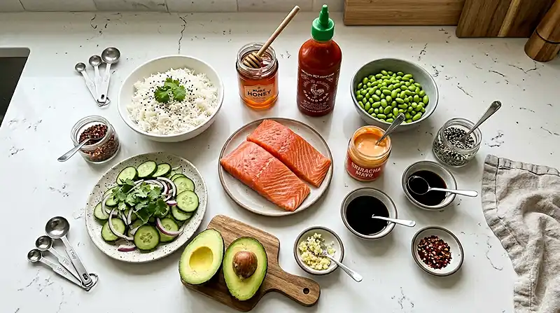 Ingredients for Honey Sriracha Salmon Bowls