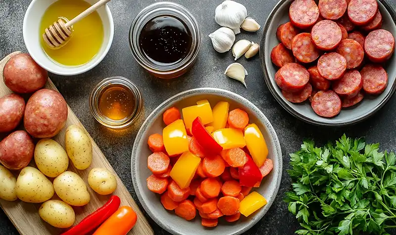 Ingredients for One-Pan Honey Garlic Kielbasa & Veggies