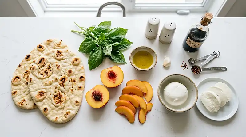 Ingredients for Peach & Basil Naan Bread Pizza
