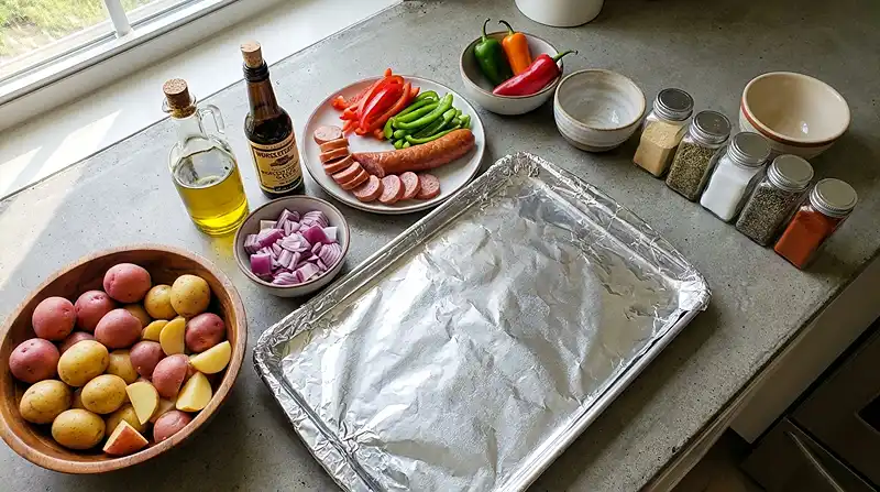 Ingredients for Sheet Pan Sausage and Peppers with Potatoes