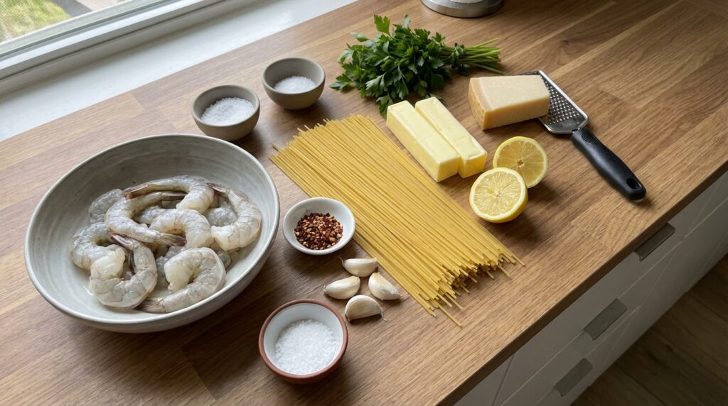 Main ingredients for 15-Minute Garlic Butter Shrimp Pasta