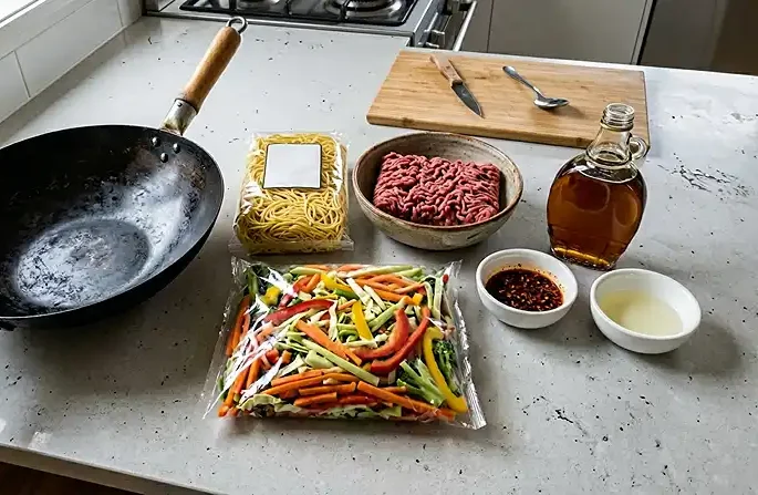 Main ingredients for 5-ingredient hot maple beef mince stir-fry