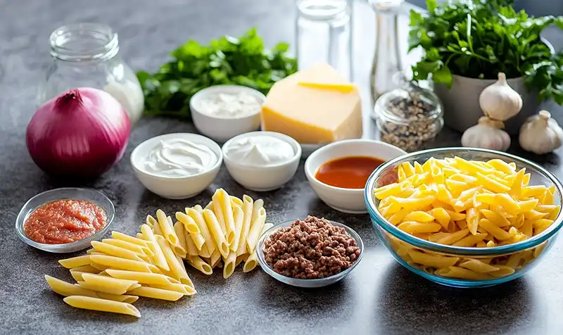 Main ingredients for Creamy High Protein Beef Pasta