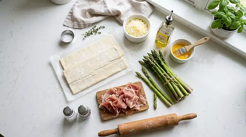 Main ingredients for PROSCIUTTO ASPARAGUS PUFF PASTRY BUNDLES