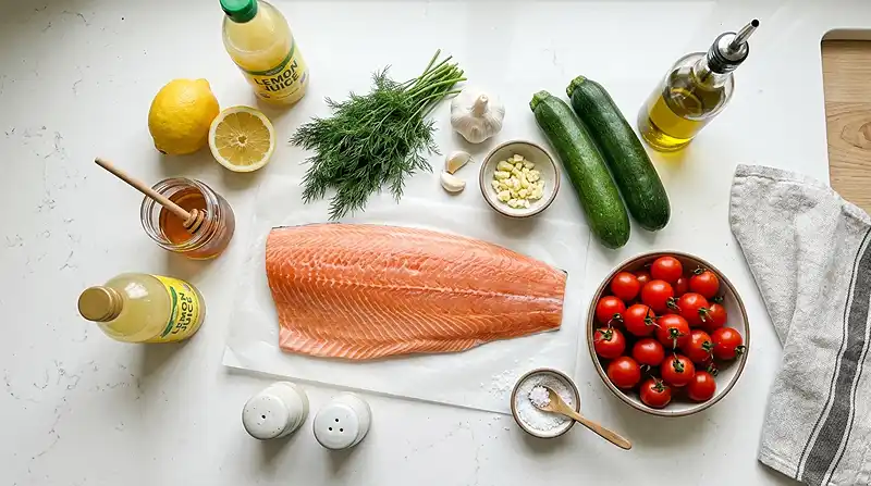 Sheet Pan Honey Garlic Salmon with Vegetables 3 Main ingredients for Sheet Pan Honey Garlic Salmon with Vegetables