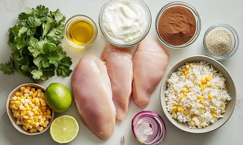 Street Corn Chicken Rice Bowl 3 Main ingredients for Street Corn Chicken Rice Bowl