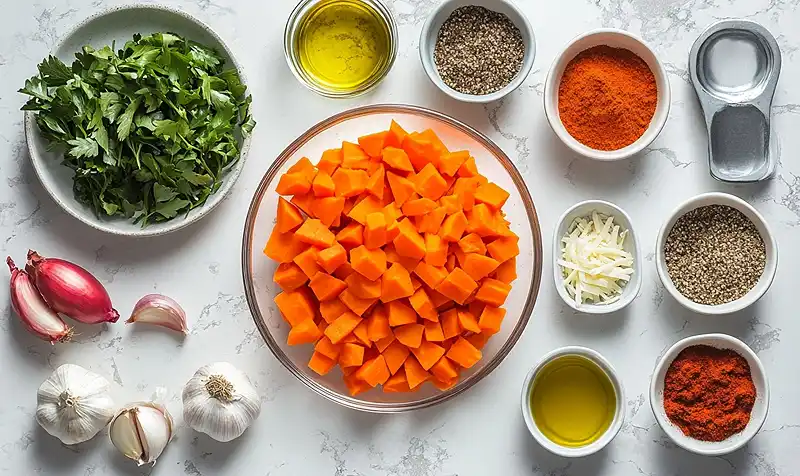 Main ingredients for Sweet Potato and Ground Turkey Bake
