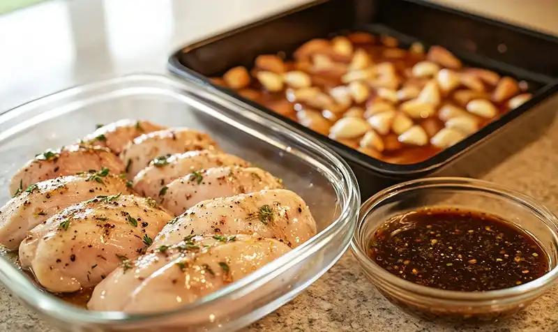 Marinade the chicken for Baked Marinated Chicken Salad with Mozzarella and Balsamic Vinaigrette
