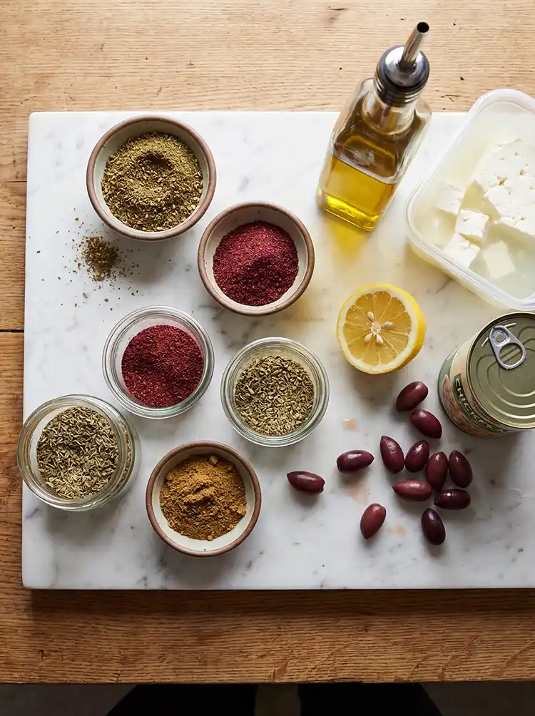 Mediterranean pantry staples including za'atar, sumac, feta cheese, olive oil, chickpeas, and Kalamata olives arranged on a marble surface