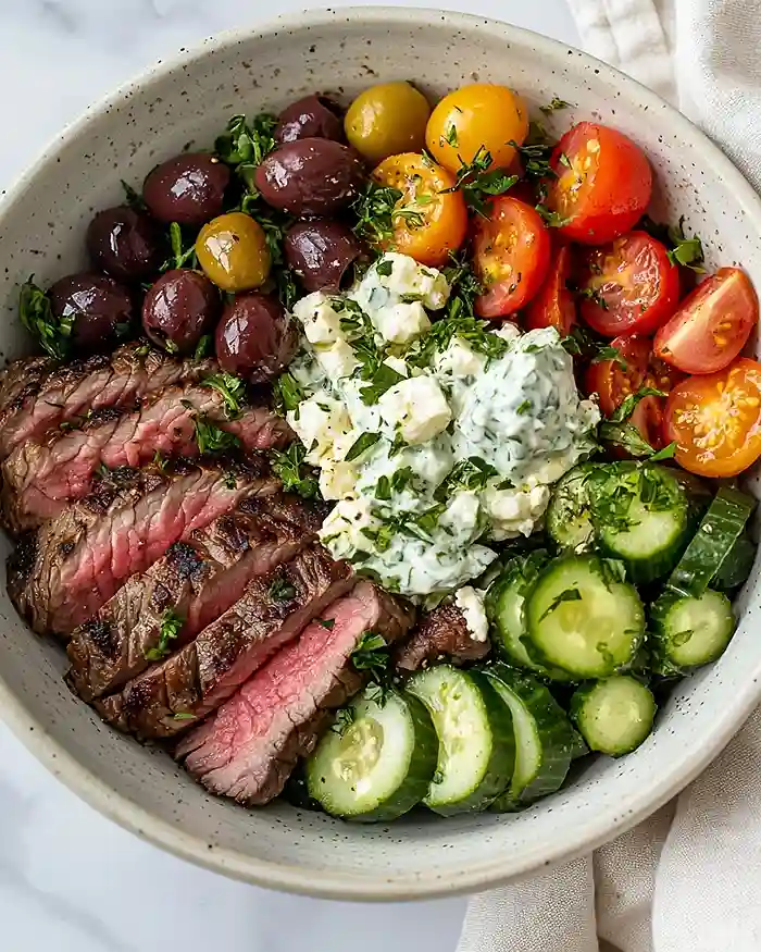 Mediterranean steak bowl with fresh vegetables and tzatziki for a healthy spring dinner