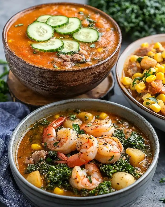 Pinterest collage of three summer soup recipes — cucumber gazpacho, Zuppa Toscana, and slow cooker shrimp boil — from the ultimate summer soup guide