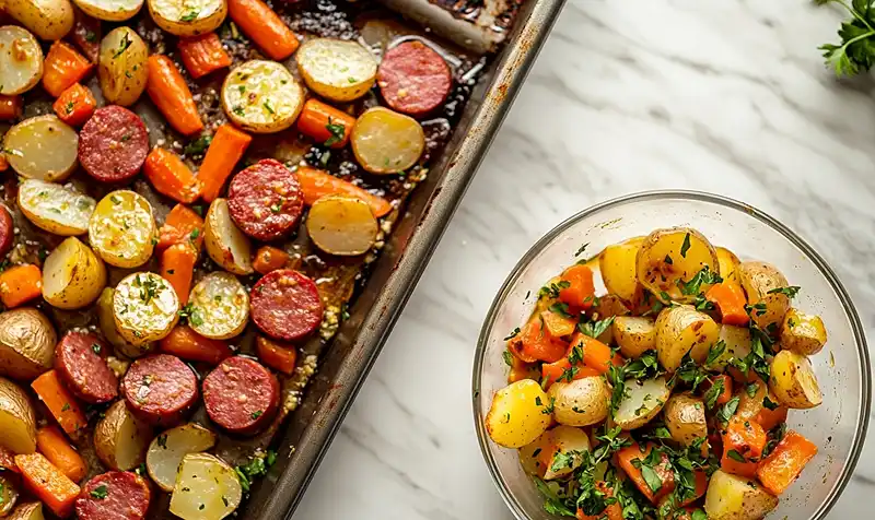 Preparing One-Pan Honey Garlic Kielbasa & Veggies
