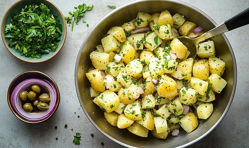 Preparing sumac potato salad