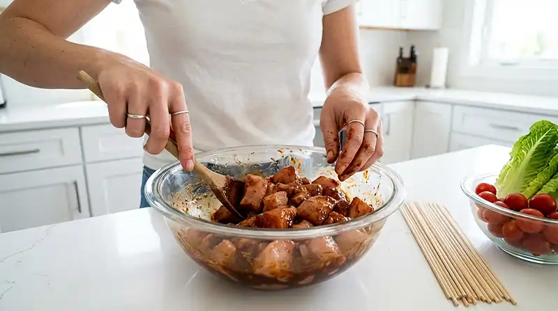 Preparing the BBQ Chicken Skewer Salad