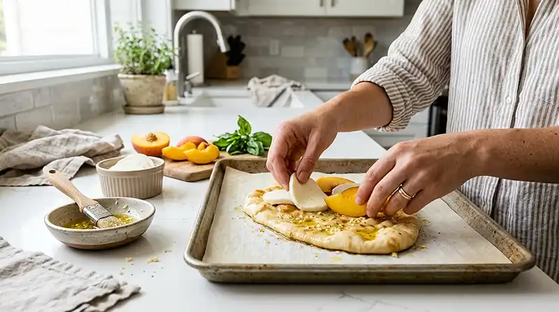 Preparing thePeach & Basil Naan Bread Pizza