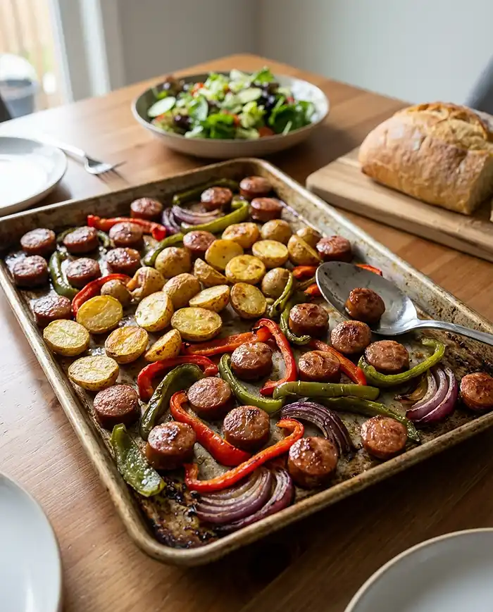 Sheet Pan Sausage and Peppers with Potatoes Recipe on table