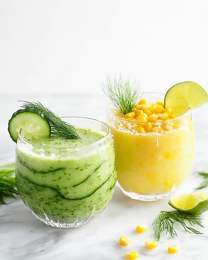 Two glasses of chilled summer cold soups — cucumber gazpacho and sweet corn gazpacho — served on a white marble surface with fresh herb garnishes