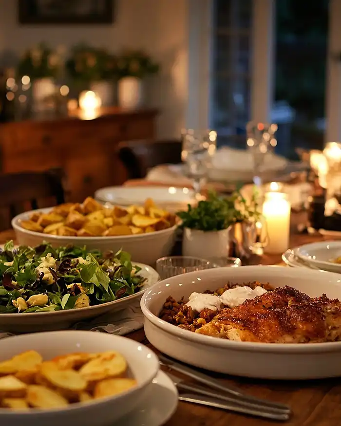 cozy family spring dinner table with multiple dishes including chicken bake and fresh salad