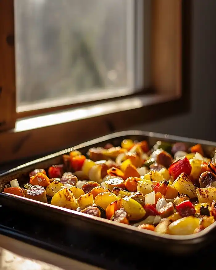 easy spring dinner ideas with sheet pan roasted kielbasa and colorful vegetables