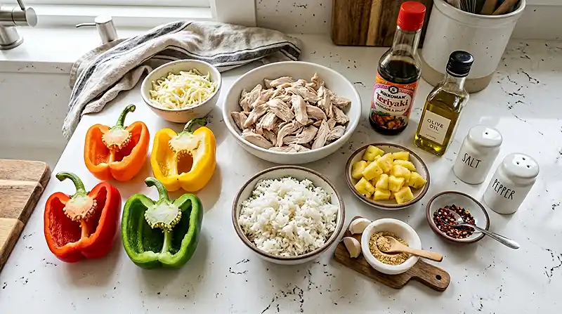 ingredients for Teriyaki Pineapple Chicken and Rice Stuffed Peppers