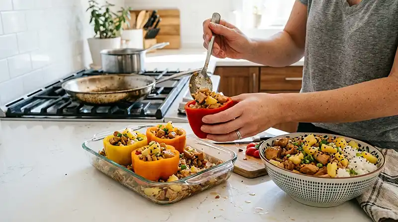 making the Teriyaki Pineapple Chicken and Rice Stuffed Peppers