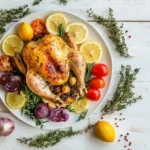 spring dinner ideas with herb roasted chicken and fresh vegetables on a rustic table
