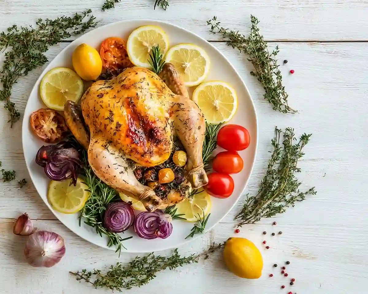 spring dinner ideas with herb roasted chicken and fresh vegetables on a rustic table