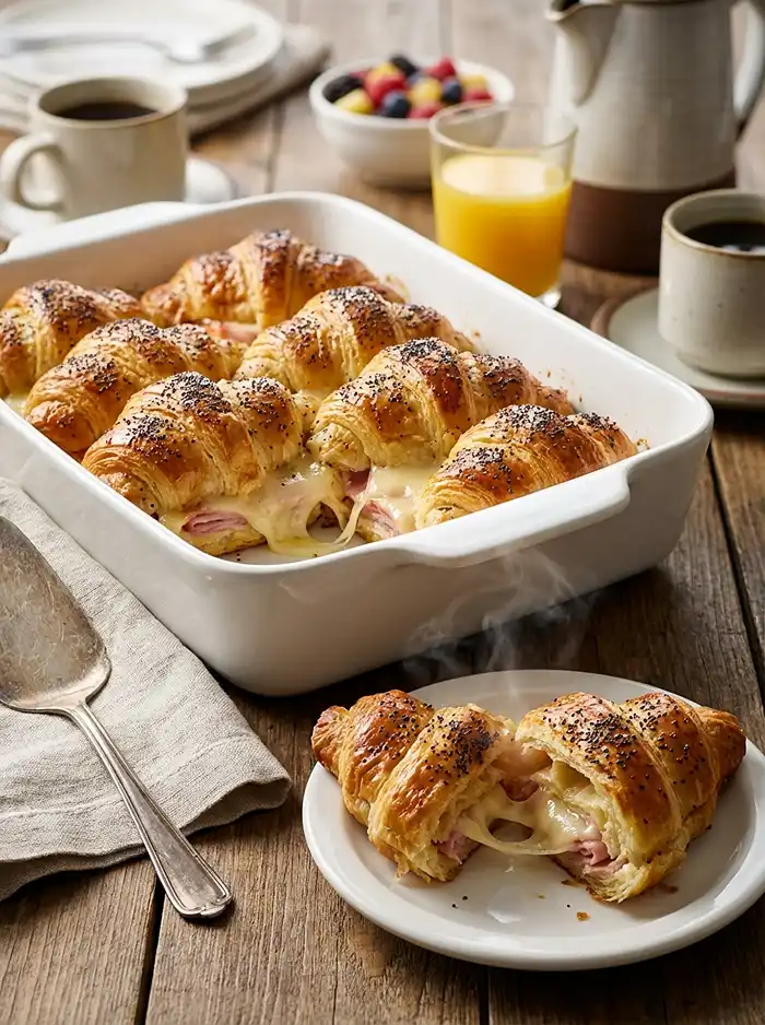 Baked Ham and Cheese Croissants on table