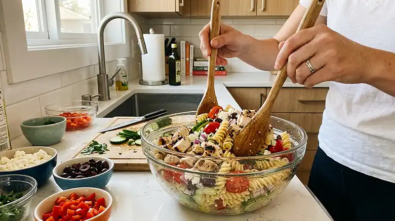 Blending ingredients for Greek Chicken Pasta Salad