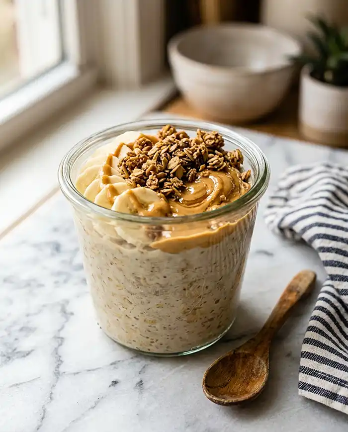 Close-up of a creamy healthy overnight oats jar topped with banana and peanut butter drizzle