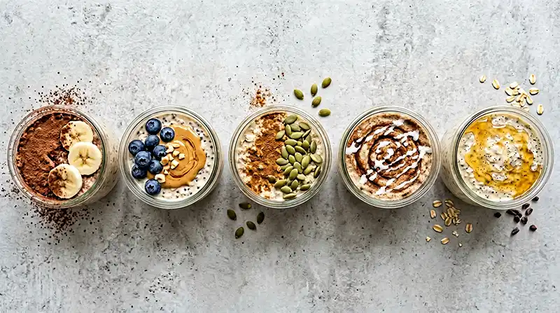 Five varieties of healthy overnight oats lined up showing different flavors and toppings