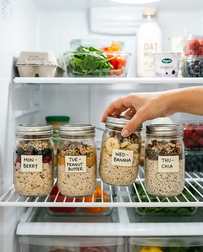 Four meal-prepped overnight oats jars stored in the fridge ready for the week, The Best Healthy overnight oats recipes​