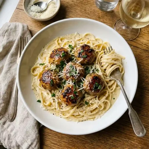 Garlic Butter Meatballs with Parmesan Pasta
